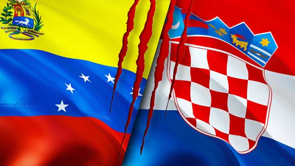 Venezuela and Croatia flags with scar concept. Waving flag,3D rendering. Venezuela and Croatia conflict concept. Venezuela Croatia relations concept. flag of Venezuela and Croatia crisis,war, attac