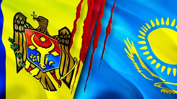 Moldova and Kazakhstan flags with scar concept. Waving flag,3D rendering. Moldova and Kazakhstan conflict concept. Moldova Kazakhstan relations concept. flag of Moldova and Kazakhstan crisis,war