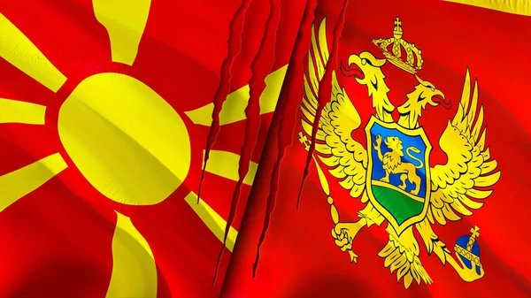 Yara izi kavramına sahip Kuzey Makedonya ve Karadağ bayrakları. Dalgalanan bayrak, 3 boyutlu görüntüleme. Kuzey Makedonya ve Karadağ ihtilaf kavramı. Kuzey Makedonya Karadağ ilişkileri kavramı. Nort bayrağı