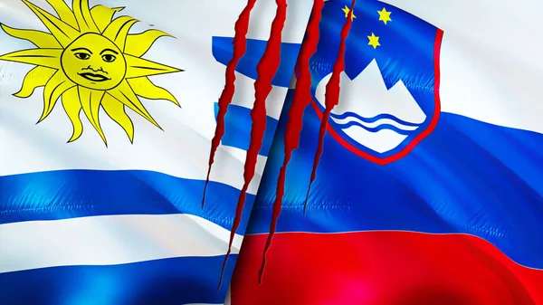 乌拉圭和斯洛文尼亚的国旗带有疤痕概念 飘扬的旗帜 3D渲染 乌拉圭和斯洛文尼亚冲突概念 乌拉圭斯洛文尼亚关系概念 乌拉圭和斯洛文尼亚国旗危机 战争C — 图库照片