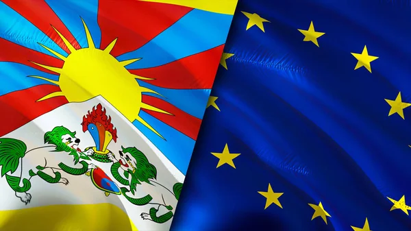 Tibet and European Union flags with scar concept. Waving flag,3D rendering. Tibet and European Union conflict concept. Tibet European Union relations concept. flag of Tibet and European Unio