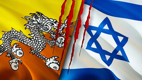 Bhutan and Israel flags with scar concept. Waving flag,3D rendering. Bhutan and Israel conflict concept. Bhutan Israel relations concept. flag of Bhutan and Israel crisis,war, attack concep