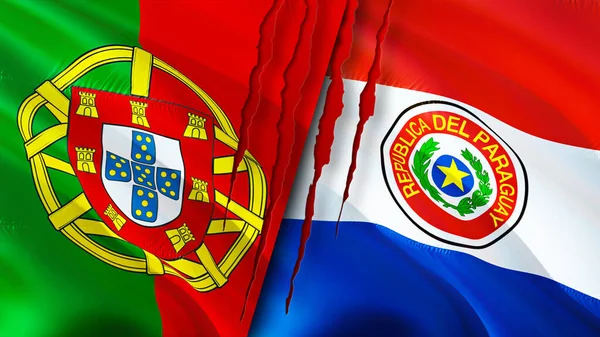 Portogallo Paraguay Bandiere Con Concetto Cicatrice Bandiera Sventolante Rendering Portogallo — Foto Stock