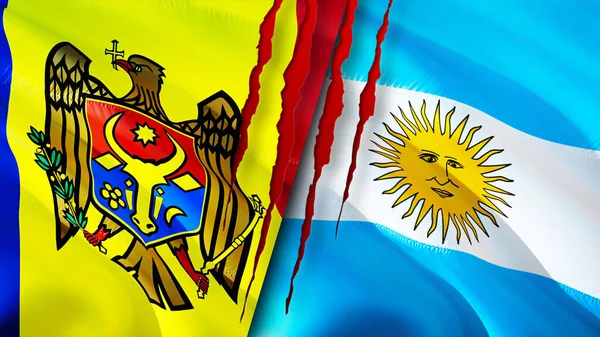 Moldova and Argentina flags with scar concept. Waving flag,3D rendering. Moldova and Argentina conflict concept. Moldova Argentina relations concept. flag of Moldova and Argentina crisis,war, attac