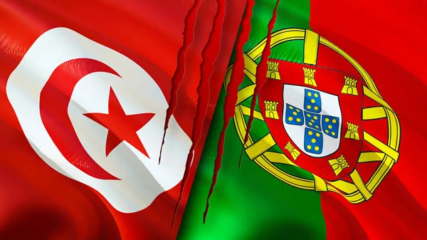 Tunisia and Portugal flags with scar concept. Waving flag,3D rendering. Tunisia and Portugal conflict concept. Tunisia Portugal relations concept. flag of Tunisia and Portugal crisis,war, attac