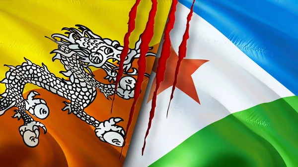Bhutan and Djibouti flags with scar concept. Waving flag,3D rendering. Bhutan and Djibouti conflict concept. Bhutan Djibouti relations concept. flag of Bhutan and Djibouti crisis,war, attack concep