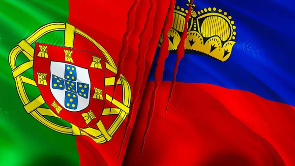 ポルトガルとリヒテンシュタインは傷の概念でフラグを立てます 旗を振って3Dレンダリング ポルトガルとリヒテンシュタインの紛争の概念 ポルトガル リヒテンシュタイン関係の概念 ポルトガルの国旗 — ストック写真