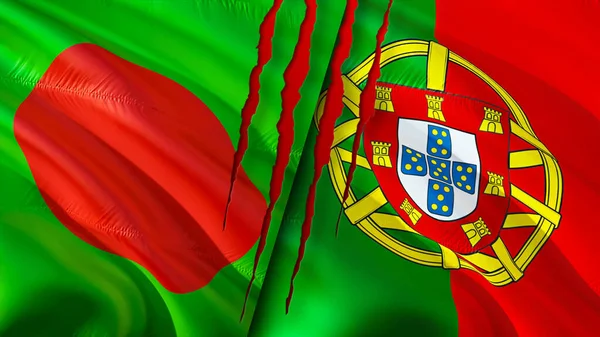 Yara Izi Olan Bangladeş Portekiz Bayrakları Dalgalanan Bayrak Boyutlu Görüntüleme — Stok fotoğraf