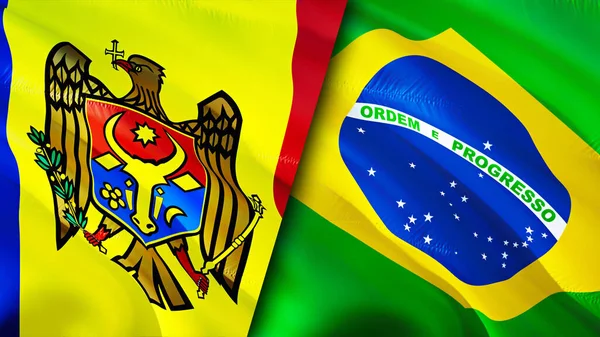 Moldavië Brazilië Vlaggen Waving Vlag Ontwerp Moldavië Brazilië Vlag Foto — Stockfoto