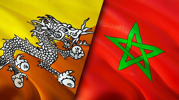 Bhutan and Morocco flags. 3D Waving flag design. Bhutan Morocco flag, picture, wallpaper. Bhutan vs Morocco image,3D rendering. Bhutan Morocco relations alliance and Trade,travel,tourism concep