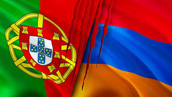 葡萄牙和亚美尼亚带有伤疤概念的国旗 飘扬的旗帜 3D渲染 葡萄牙和亚美尼亚冲突概念 葡萄牙亚美尼亚关系概念 葡萄牙和亚美尼亚国旗危机 战争C — 图库照片
