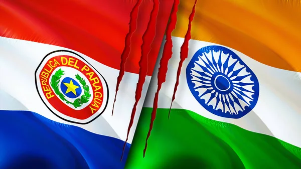 Paraguay and India flags with scar concept. Waving flag,3D rendering. Paraguay and India conflict concept. Paraguay India relations concept. flag of Paraguay and India crisis,war, attack concep