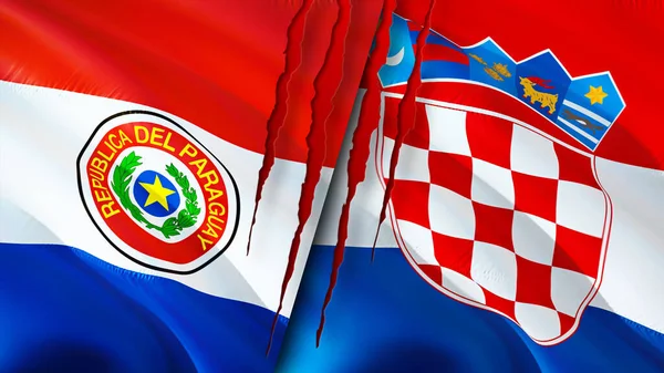 Paraguay and Croatia flags with scar concept. Waving flag,3D rendering. Paraguay and Croatia conflict concept. Paraguay Croatia relations concept. flag of Paraguay and Croatia crisis,war, attac