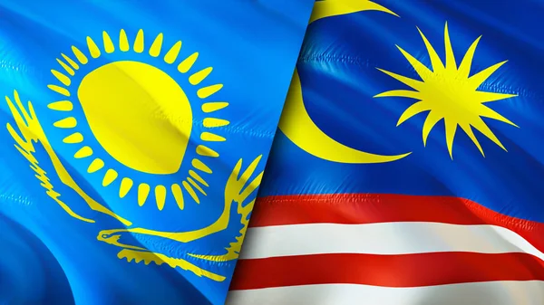 Kazakhstan and Malaysia flags. 3D Waving flag design. Kazakhstan Malaysia flag, picture, wallpaper. Kazakhstan vs Malaysia image,3D rendering. Kazakhstan Malaysia relations alliance an