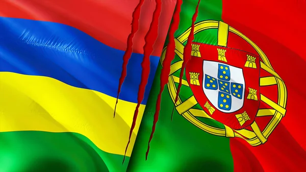 Mauritius and Portugal flags with scar concept. Waving flag,3D rendering. Mauritius and Portugal conflict concept. Mauritius Portugal relations concept. flag of Mauritius and Portugal crisis,war