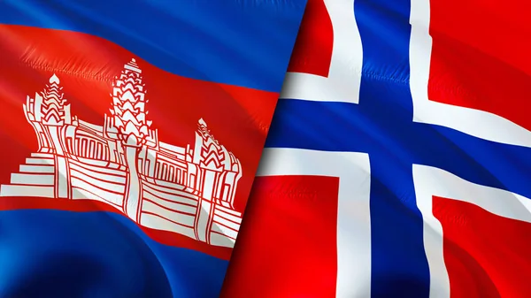 Cambodia and Norway flags. 3D Waving flag design. Cambodia Norway flag, picture, wallpaper. Cambodia vs Norway image,3D rendering. Cambodia Norway relations alliance and Trade,travel,tourism concep
