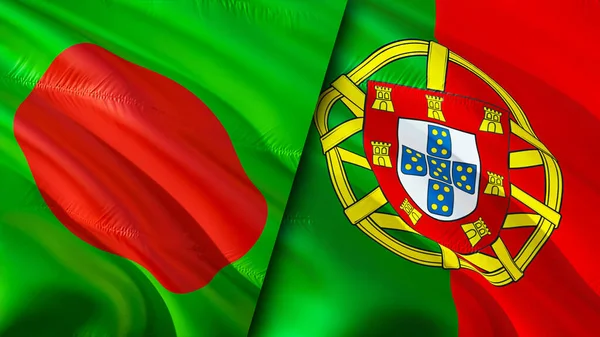バングラデシュとポルトガルの国旗 3D波動旗のデザイン バングラデシュポルトガル国旗 バングラデシュ対ポルトガルの画像 3Dレンダリング バングラデシュ ポルトガル関係同盟 — ストック写真