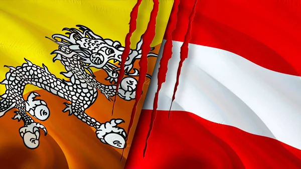 Bhutan and Austria flags with scar concept. Waving flag,3D rendering. Bhutan and Austria conflict concept. Bhutan Austria relations concept. flag of Bhutan and Austria crisis,war, attack concep