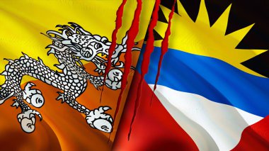 Bhutan, Antigua ve yara izi olan Barbuda bayrakları. Dalgalanan bayrak, 3 boyutlu görüntüleme. Butan ve Antigua ve Barbuda çatışma konsepti. Bhutan Antigua ve Barbuda ilişkileri kavramı. Bhutan bayrağı