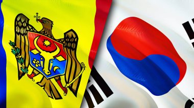 Moldova ve Güney Kore bayrakları. 3 boyutlu dalgalanan bayrak tasarımı. Moldova Güney Kore bayrağı, resim, duvar kağıdı. Moldova, Güney Kore imajına karşı, 3D görüntüleme. Moldova Güney Kore ilişkileri ittifakı