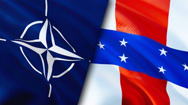 NATO ve Hollanda Antilleri bayrakları. 3 boyutlu dalgalanan bayrak tasarımı. Hollanda Antilleri NATO bayrağı, resim, duvar kağıdı. NATO, Hollanda Antilleri 'ne karşı, görüntü 3D. NATO Hollanda Antilleri ilişkileri