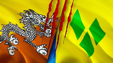 Bhutan, Saint Vincent ve yara izi olan Grenadine bayrakları. Dalgalanan bayrak, 3 boyutlu görüntüleme. Bhutan ve Saint Vincent ve Grenadines çatışma konsepti. Bhutan Saint Vincent ve Grenadine