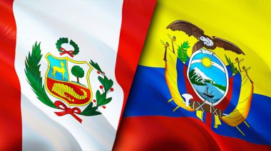 Peru ve Ekvador bayrakları. 3 boyutlu dalgalanan bayrak tasarımı. Peru Ekvador bayrağı, resim, duvar kağıdı. Peru Ekvador 'a karşı, görüntü 3 boyutlu. Peru Ekvador ilişkileri ittifak ve ticaret, seyahat, turizm konsepti