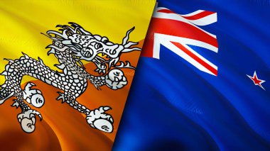 Butan ve Yeni Zelanda bayrakları. 3 boyutlu dalgalanan bayrak tasarımı. Butan Yeni Zelanda bayrağı, resim, duvar kağıdı. Bhutan, Yeni Zelanda 'ya karşı, görüntü 3 boyutlu. Butan Yeni Zelanda ilişkileri ittifakı