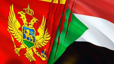 Karadağ ve Sudan yara izi kavramına sahip bayraklar. Dalgalanan bayrak, 3 boyutlu görüntüleme. Karadağ ve Sudan ihtilafı kavramı. Karadağ Sudan ilişkileri kavramı. Karadağ bayrağı ve Sudan krizi, savaş, attac