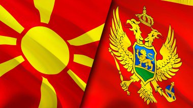 Kuzey Makedonya ve Karadağ bayrakları. 3 boyutlu dalgalanan bayrak tasarımı. Kuzey Makedonya Karadağ bayrağı, resmi, duvar kağıdı. Kuzey Makedonya Karadağ 'a karşı imaj, 3D görüntüleme. Kuzey Makedonya Montenegr