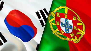 Güney Kore ve Portekiz bayrakları. 3 boyutlu dalgalanan bayrak tasarımı. Güney Kore Portekiz bayrağı, resim, duvar kağıdı. Güney Kore, Portekiz imajına karşı, 3 boyutlu canlandırma. Güney Kore Portekiz ilişkileri
