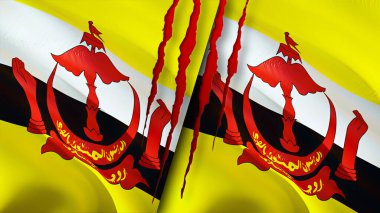 Brunei ve Brunei yara izi olan bayraklar. Dalgalanan bayrak, 3 boyutlu görüntüleme. Brunei ve Brunei çatışma konsepti. Brunei Brunei ilişkileri konsepti. Brunei bayrağı ve Brunei krizi, savaş, saldırı konsepti