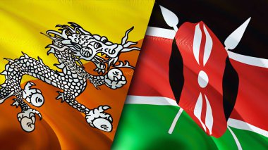 Butan ve Kenya bayrakları. 3 boyutlu dalgalanan bayrak tasarımı. Butan Kenya bayrağı, resim, duvar kağıdı. Butan Kenya 'ya karşı, görüntü 3 boyutlu. Butan Kenya ilişkileri ittifak ve ticaret, seyahat, turizm konsepti