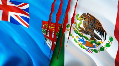 Yara izi olan Fiji ve Meksika bayrakları. Dalgalanan bayrak, 3 boyutlu görüntüleme. Fiji ve Meksika çatışma konsepti. Fiji Meksika ilişkileri kavramı. Fiji ve Meksika bayrağı krizi, savaş, saldırı konsepti