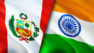 Peru ve Hindistan bayrakları. 3 boyutlu dalgalanan bayrak tasarımı. Peru Hindistan bayrağı, resim, duvar kağıdı. Peru, Hindistan 'a karşı, görüntü 3 boyutlu. Peru Hindistan ilişkileri ittifak ve ticaret, seyahat, turizm konsepti