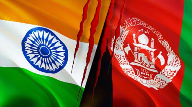 Yara izi olan Hindistan ve Afganistan bayrakları. Dalgalanan bayrak, 3 boyutlu görüntüleme. Hindistan ve Afganistan çatışma konsepti. Hindistan Afganistan ilişkileri kavramı. Hindistan ve Afganistan bayrağı krizi, savaş, attac