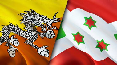 Butan ve Burundi bayrakları. 3 boyutlu dalgalanan bayrak tasarımı. Butan Burundi bayrağı, resim, duvar kağıdı. Bhutan, Burundi imajına karşı, 3D görüntüleme. Bhutan Burundi ilişkileri ittifak ve ticaret, seyahat, turizm konsepti