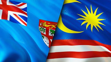 Fiji ve Malezya bayrakları. 3 boyutlu dalgalanan bayrak tasarımı. Fiji Malezya bayrağı, resim, duvar kağıdı. Fiji, Malezya 'ya karşı, görüntü 3 boyutlu. Fiji Malezya ilişkileri ittifak ve ticaret, seyahat, turizm konsepti