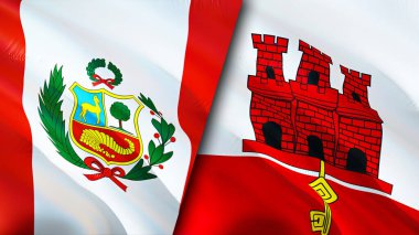 Peru ve Cebelitarık bayrakları. 3 boyutlu dalgalanan bayrak tasarımı. Peru Cebelitarık bayrağı, resim, duvar kağıdı. Peru, Cebelitarık 'a karşı, görüntü 3 boyutlu. Peru Cebelitarık ilişkileri ittifak ve ticaret, seyahat, turizm konsepti