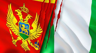 Karadağ ve Nijerya yara izi kavramına sahip. Dalgalanan bayrak, 3 boyutlu görüntüleme. Karadağ ve Nijerya ihtilafı kavramı. Karadağ Nijerya ilişkileri kavramı. Karadağ ve Nijerya 'nın bayrağı kriz ve savaş