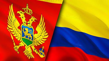 Karadağ ve Kolombiya bayrakları. 3 boyutlu dalgalanan bayrak tasarımı. Karadağ Kolombiya bayrağı, resim, duvar kağıdı. Karadağ, Kolombiya 'ya karşı, görüntü 3 boyutlu. Karadağ ile Kolombiya arasındaki ittifak