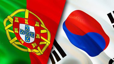 Portekiz ve Güney Kore bayrakları. 3 boyutlu dalgalanan bayrak tasarımı. Portekiz Güney Kore bayrağı, resim, duvar kağıdı. Portekiz, Güney Kore imajına karşı, 3D görüntüleme. Portekiz Güney Kore ilişkileri bir ittifak