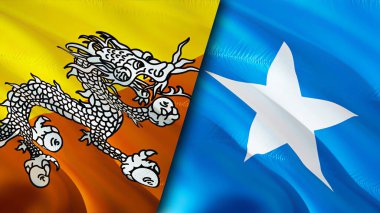Butan ve Somali bayrakları. 3 boyutlu dalgalanan bayrak tasarımı. Butan Somali bayrağı, resim, duvar kağıdı. Bhutan, Somali imajına karşı, 3D görüntüleme. Butan Somali ilişkileri ittifak ve ticaret, seyahat, turizm konsepti