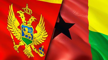 Karadağ ve Gine Bissau bayrakları. 3 boyutlu dalgalanan bayrak tasarımı. Karadağ Gine Bissau bayrağı, resim, duvar kağıdı. Karadağ, Gine Bissau 'ya karşı, görüntü 3D. Karadağ Gine Bissau ilişkisi