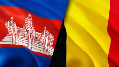 Kamboçya ve Belçika bayrakları. 3 boyutlu dalgalanan bayrak tasarımı. Kamboçya Belçika bayrağı, resim, duvar kağıdı. Kamboçya, Belçika 'ya karşı, görüntü 3 boyutlu. Kamboçya Belçika ilişkileri ittifak ve ticaret, seyahat, turnuva