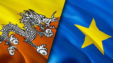 Butan ve DR Kongo bayrakları. 3 boyutlu dalgalanan bayrak tasarımı. Butan DR Kongo bayrağı, resim, duvar kağıdı. Butan, DR Kongo 'ya karşı, görüntü 3D. Butan DR Kongo ilişkileri ittifak ve ticaret, seyahat, turizm konsepti