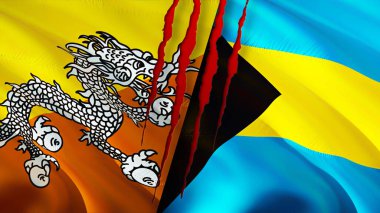 Bhutan ve Bahamalar yara izi olan bayraklar. Dalgalanan bayrak, 3 boyutlu görüntüleme. Bhutan ve Bahamalar çatışma konsepti. Bhutan Bahama ilişkileri kavramı. Bhutan ve Bahamalar bayrağı krizi, savaş, saldırı konsepti