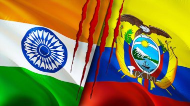 Hindistan ve Ekvador yara izi olan bayraklar. Dalgalanan bayrak, 3 boyutlu görüntüleme. Hindistan ve Ekvador çatışma konsepti. Hindistan Ekvador ilişkileri kavramı. Hindistan bayrağı ve Ekvador krizi, savaş, saldırı konsepti