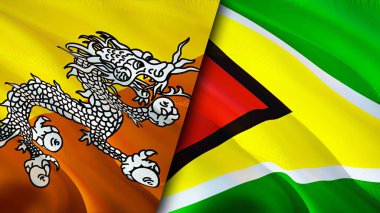 Butan ve Guyana bayrakları. 3 boyutlu dalgalanan bayrak tasarımı. Butan Guyana bayrağı, resim, duvar kağıdı. Bhutan, Guyana imajına karşı, 3D görüntüleme. Butan Guyana ilişkileri ittifak ve ticaret, seyahat, turizm konsepti