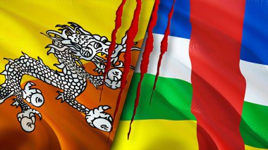 Bhutan ve Orta Afrika Cumhuriyeti yara izi kavramına sahip bayraklar. Dalgalanan bayrak, 3 boyutlu görüntüleme. Butan ve Orta Afrika Cumhuriyeti çatışma konsepti. Butan Orta Afrika Cumhuriyeti ilişkileri kavramı. fla